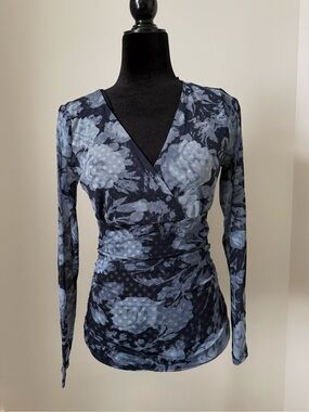 INC International Concepts Navy and Light Blue Floral Wrap Long Sleeve Top